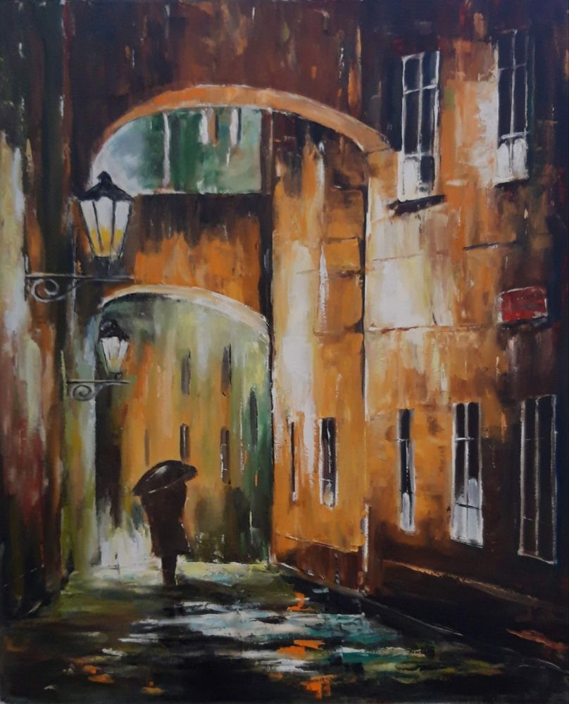 Olejomalba Procházka v dešti - originální obraz Jany Rohlové